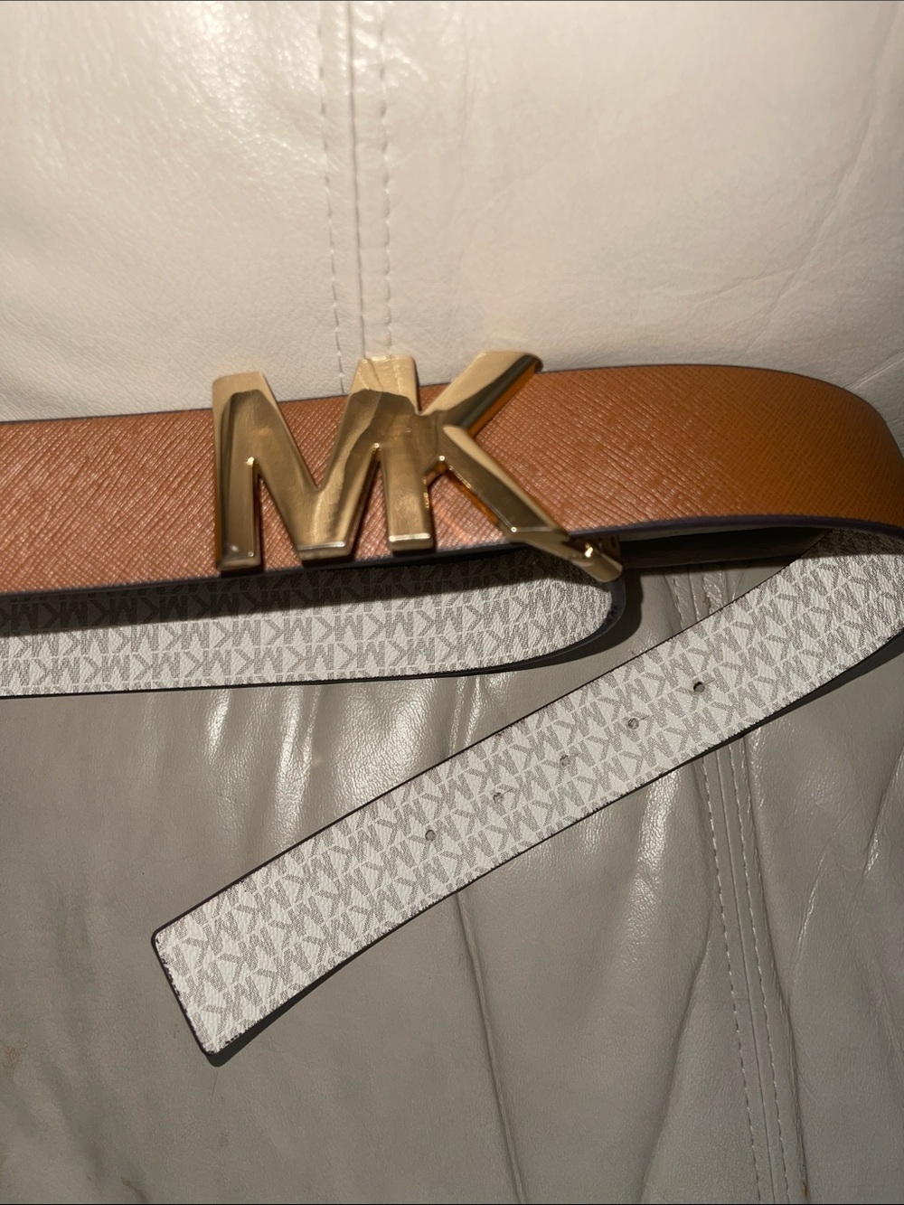 Michael Kors Reversible Belt Brown and White with Gold MK Buckle Size 38-42